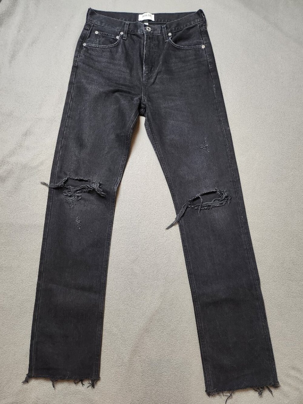 AGOLDE Cherie High Rise Straight Jeans Distortion Washed Black Ripped Knee 26
